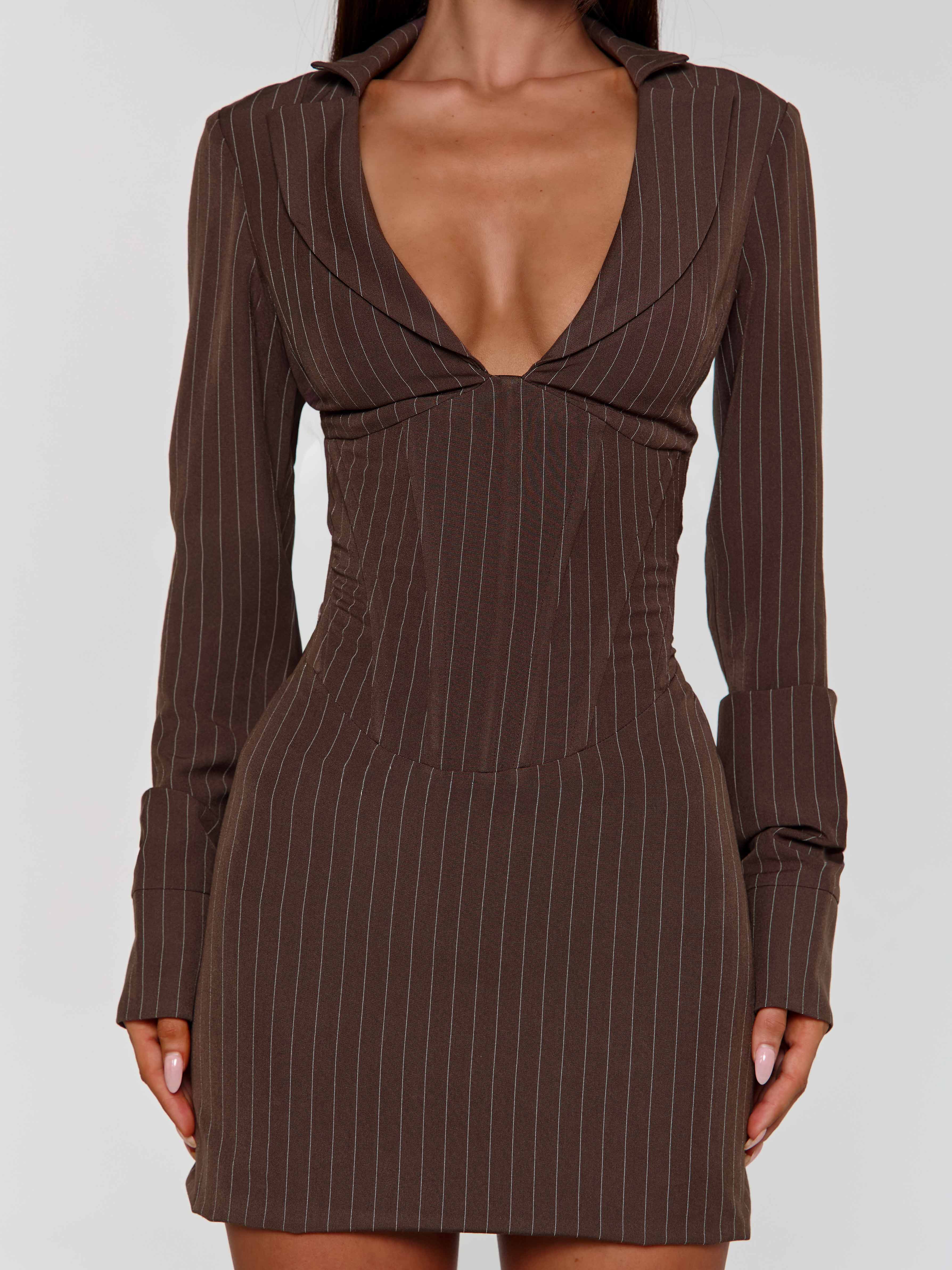 KESSIA MINI DRESS BROWN PINSTRIPE - Image 4
