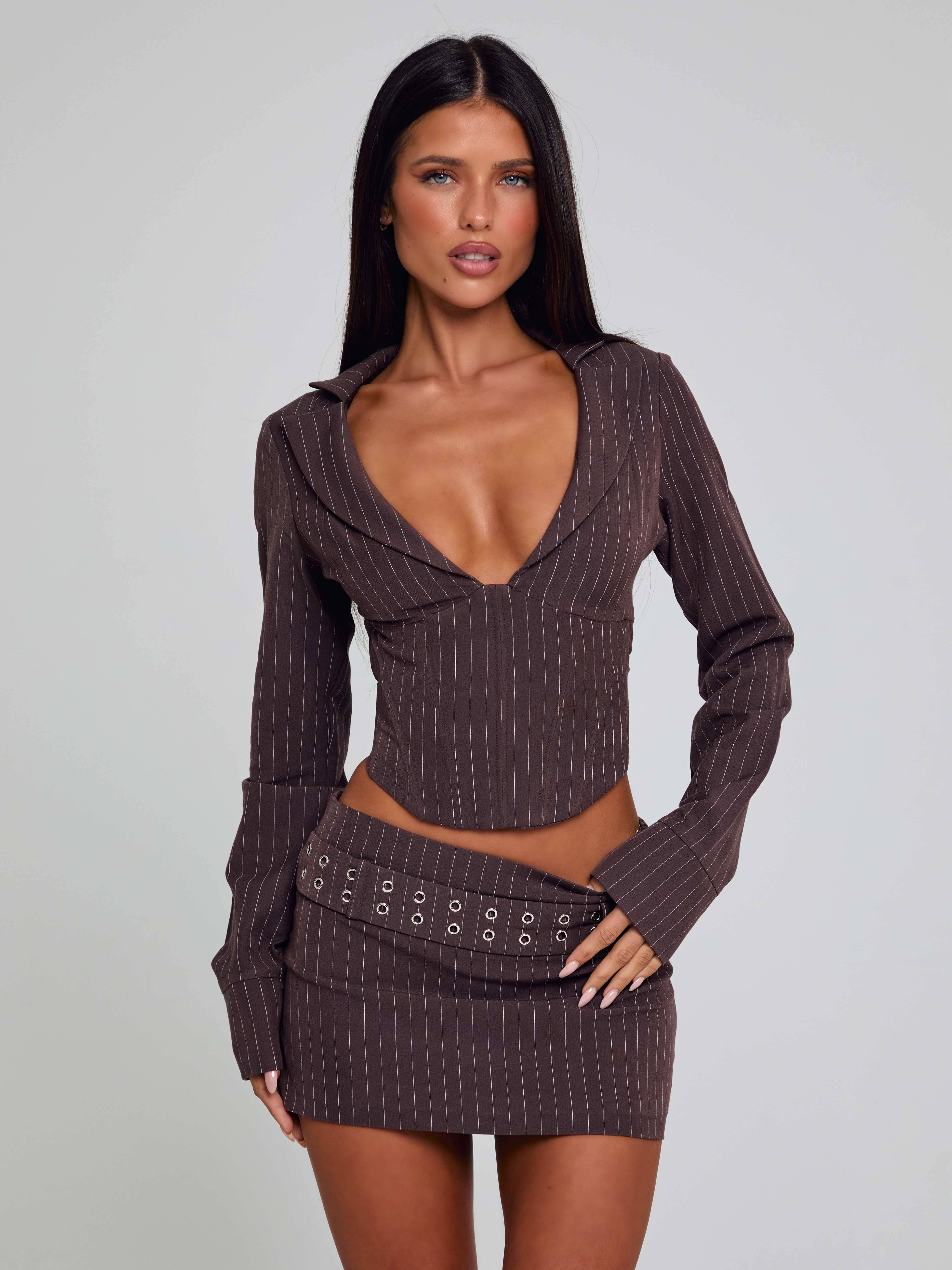 KESSIA MINI SKIRT BROWN PINSTRIPE - Image 2
