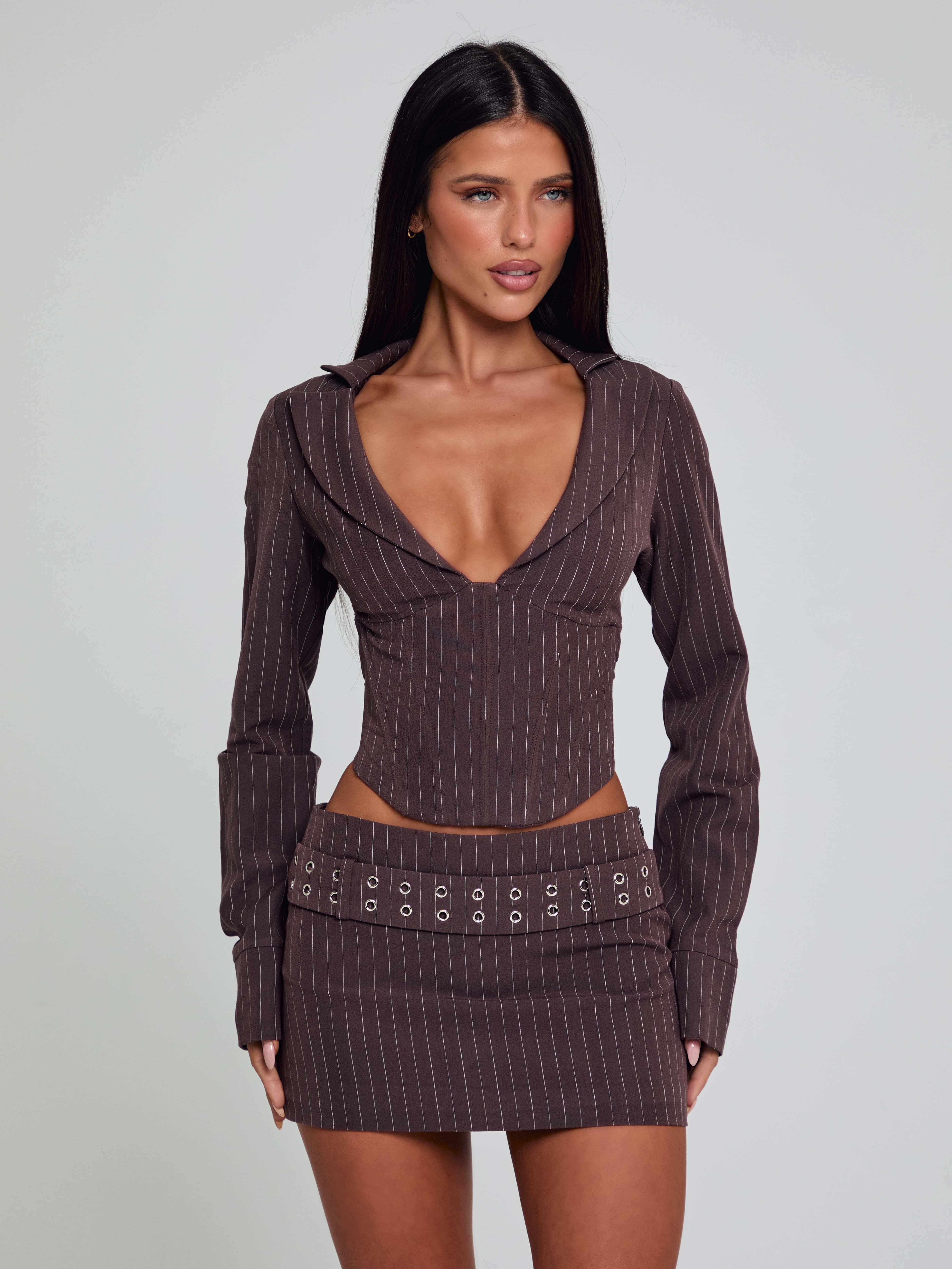 KESSIA MINI SKIRT BROWN PINSTRIPE - Image 4
